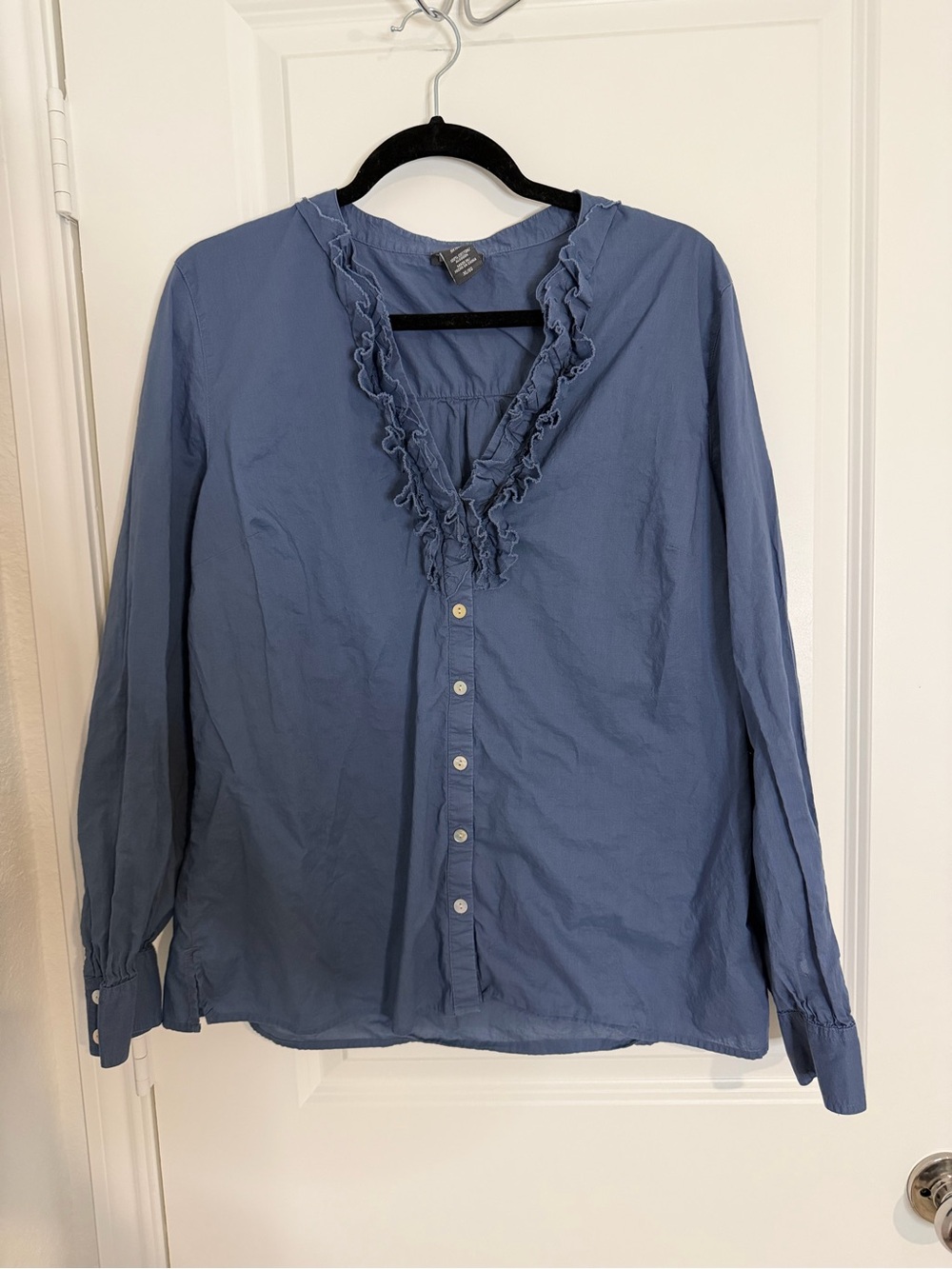 100% cotton Covington Blue Ruffle V-Neck Button-Front Blouse